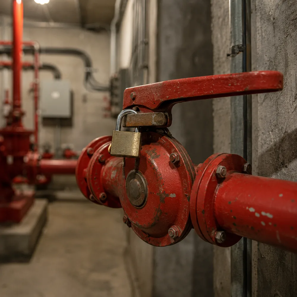 Válvula roja del sistema contra incendio cerrada y asegurada con un candado, en un cuarto de bombas
